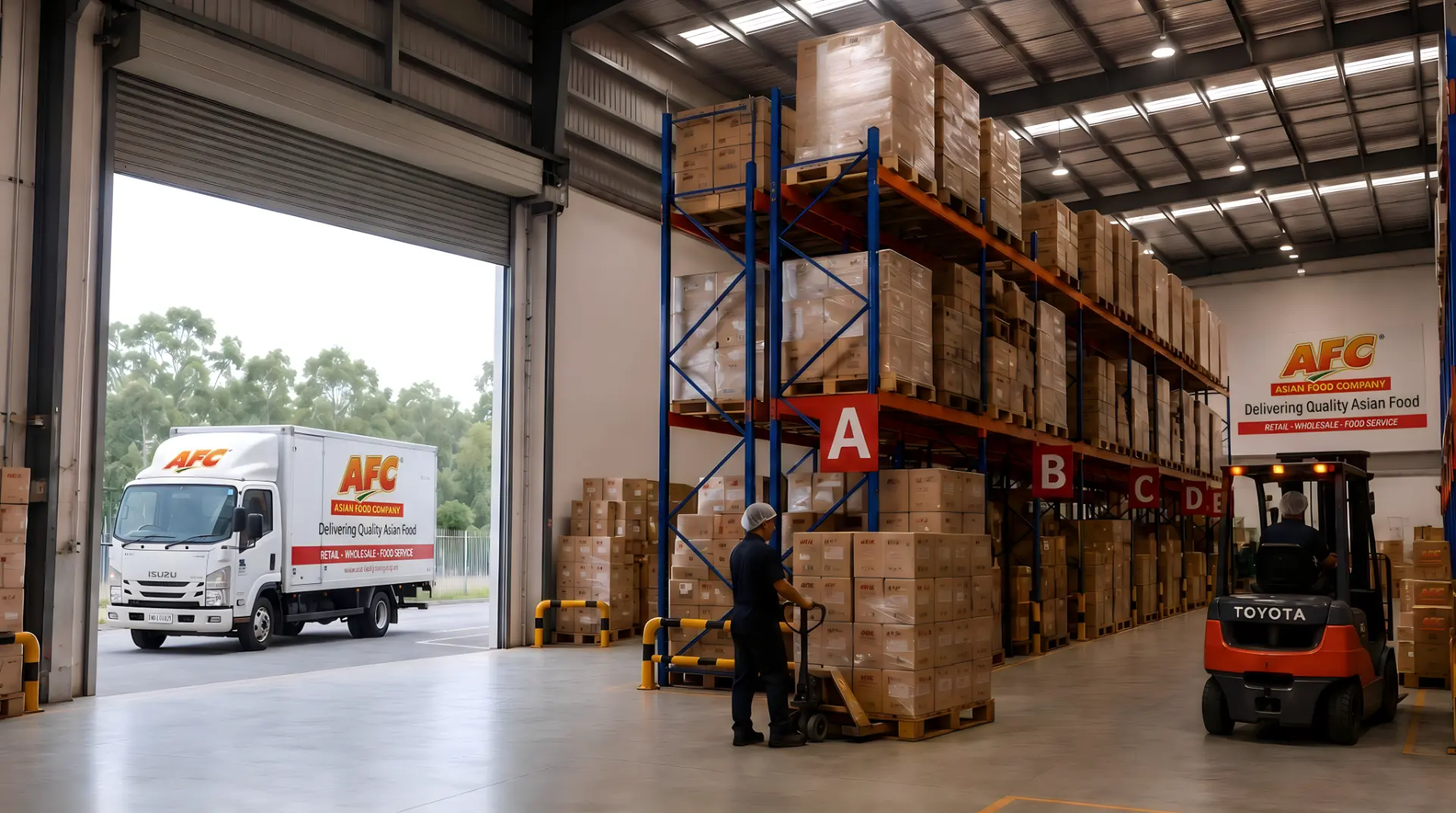 Asian Food Company warehouse with pallet racking, forklift and branded delivery truck at the loading dock